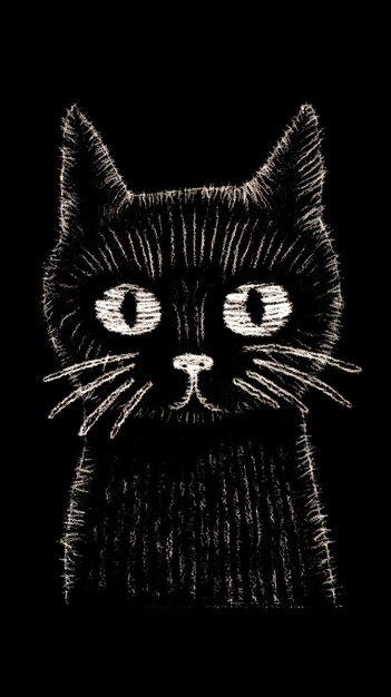 un dessin en noir et blanc d'un chat noir avec des yeux et un nez