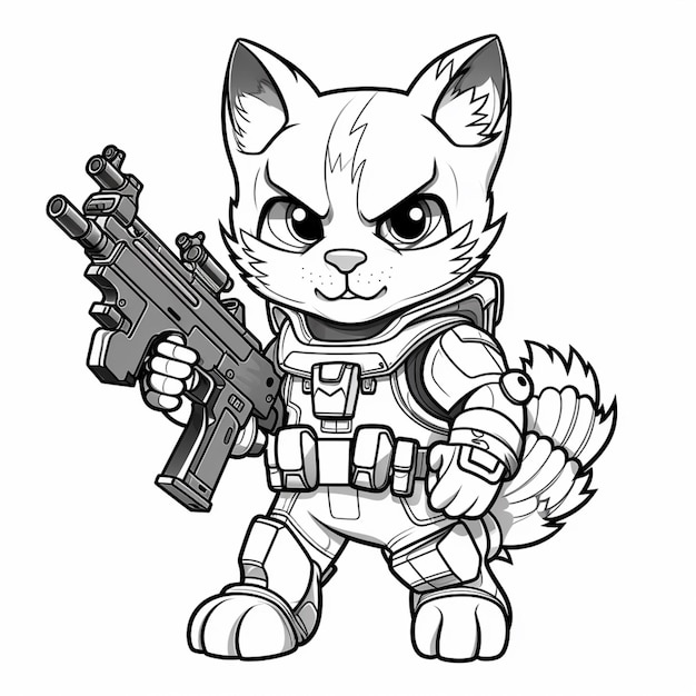 un dessin en noir et blanc d'un chat avec un pistolet génératif ai