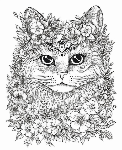 Un dessin en noir et blanc d'un chat portant une couronne de fleurs.