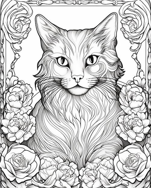 un dessin en noir et blanc d'un chat avec des roses en arrière-plan IA générative