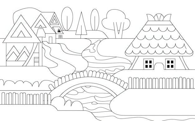 un dessin en noir et blanc d'un château avec un pont et des maisons
