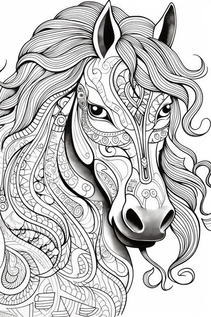 Photo un dessin en noir et blanc d'un cheval avec une longue crinière générative ai