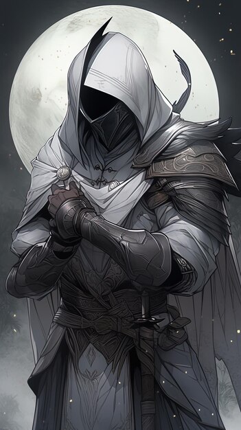 un dessin en noir et blanc d'un chevalier dans un costume gris avec une épée à la main