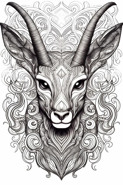 un dessin en noir et blanc d'une chèvre avec une longue corne générative ai