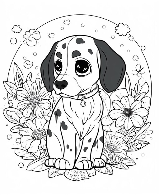 un dessin en noir et blanc d'un chien dalmatien assis dans un jardin fleuri ai générative