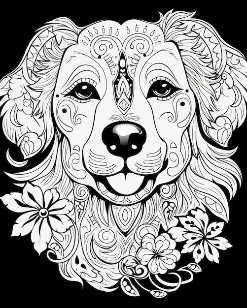 un dessin en noir et blanc d'un chien avec un design floral génératif ai