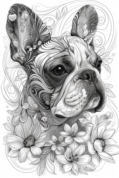 un dessin en noir et blanc d'un chien avec des fleurs