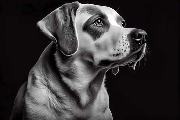 Un dessin noir et blanc d'un chien avec un fond noir.