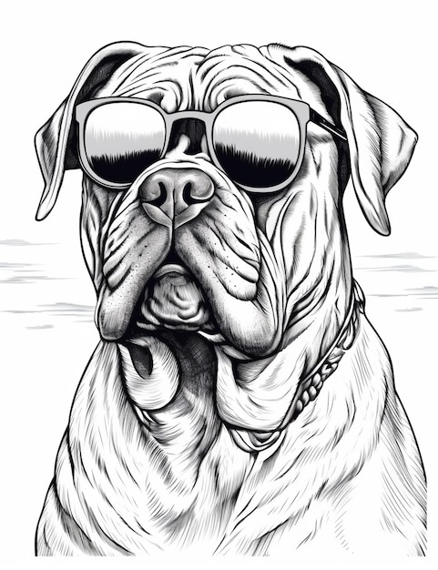 un dessin en noir et blanc d'un chien portant des lunettes de soleil