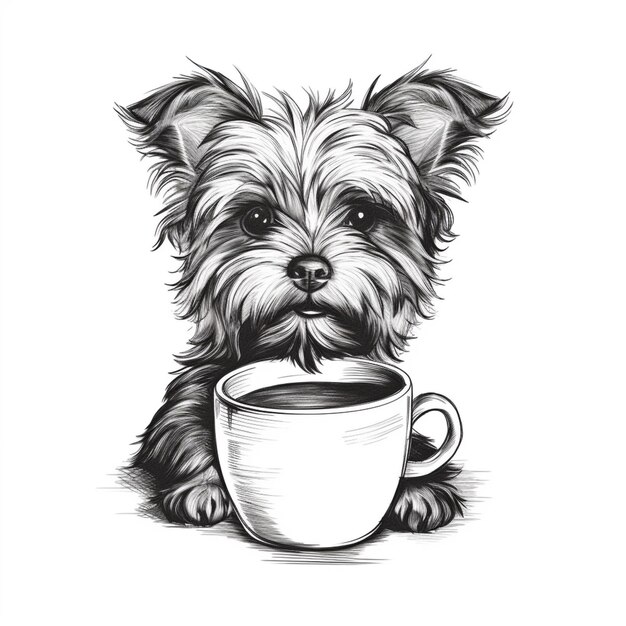 un dessin en noir et blanc d'un chien avec une tasse de café ai générative