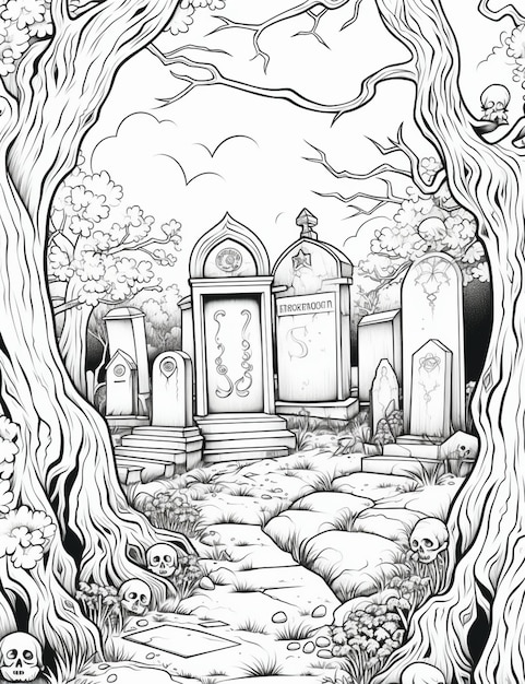 un dessin en noir et blanc d'un cimetière avec un cimetière en arrière-plan IA générative