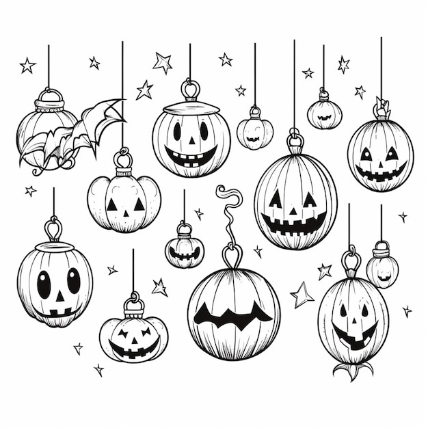 Photo un dessin en noir et blanc de citrouilles d'halloween suspendues à des cordes ai générative