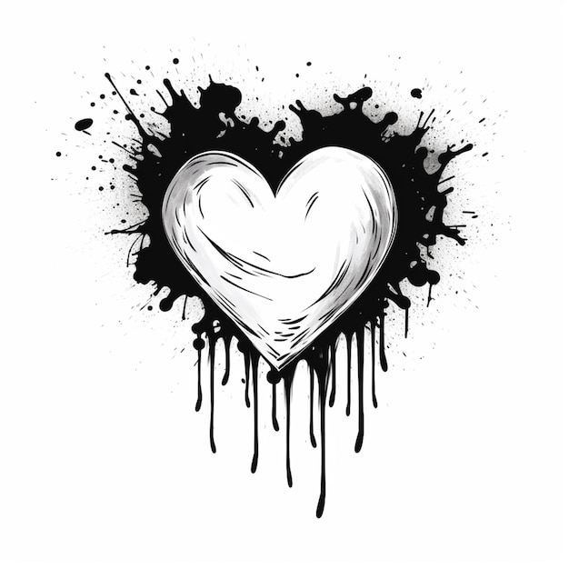 un dessin en noir et blanc d'un cœur avec des éclaboussures de peinture générative ai