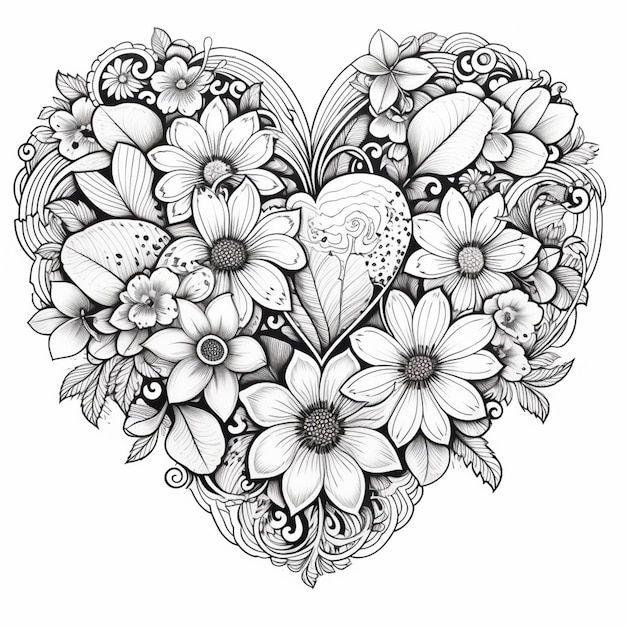 Photo un dessin noir et blanc d'un coeur avec des fleurs génératives ai