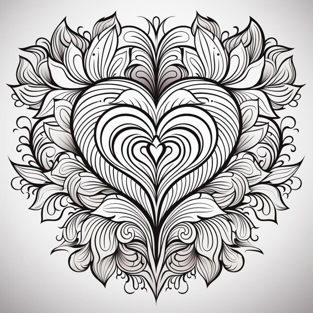 un dessin en noir et blanc d'un coeur avec des tourbillons ai génératif