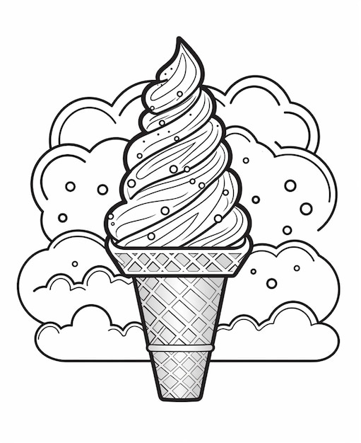 un dessin en noir et blanc d'un cône de crème glacée avec un tourbillon génératif ai