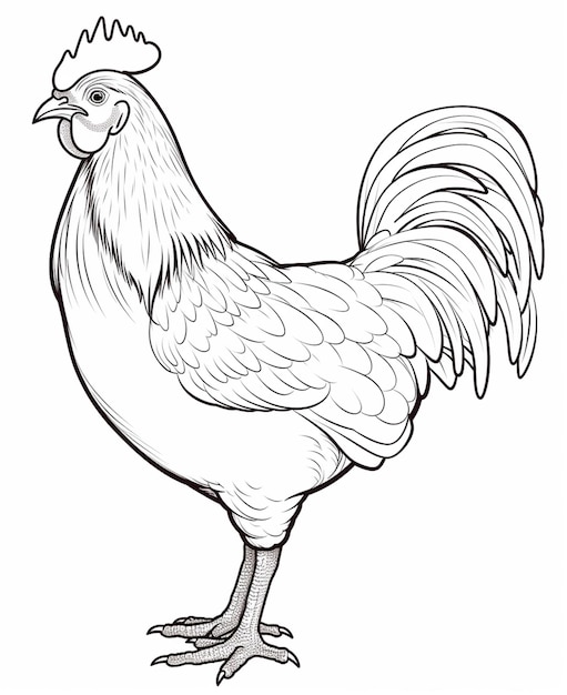 Un dessin en noir et blanc d'un coq avec une couronne sur sa tête