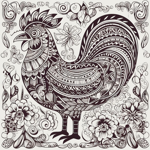 Un dessin en noir et blanc d'un coq avec un dessin floral génératif ai