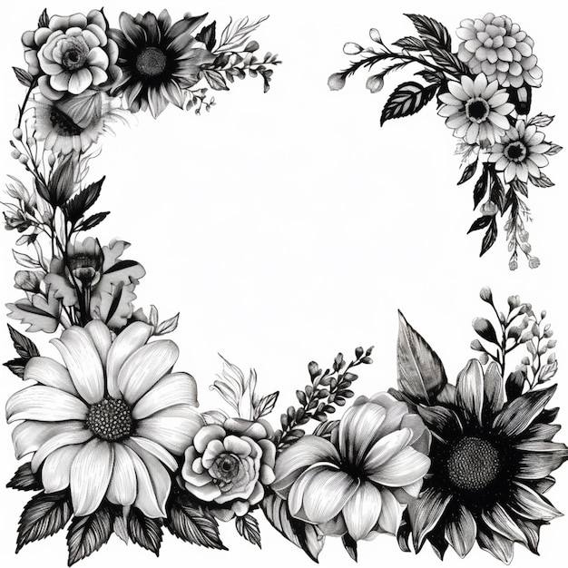 un dessin en noir et blanc d'une couronne de fleurs avec des fleurs ai générative