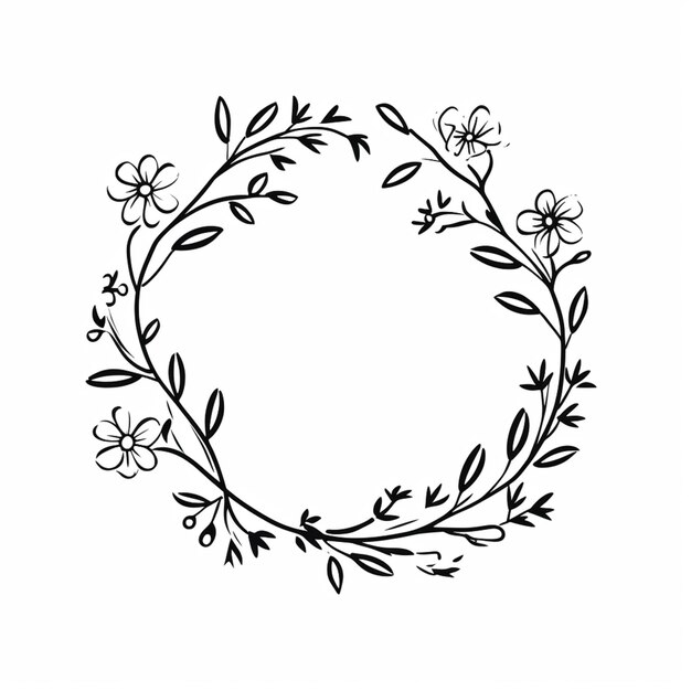 un dessin en noir et blanc d'une couronne de fleurs générative ai