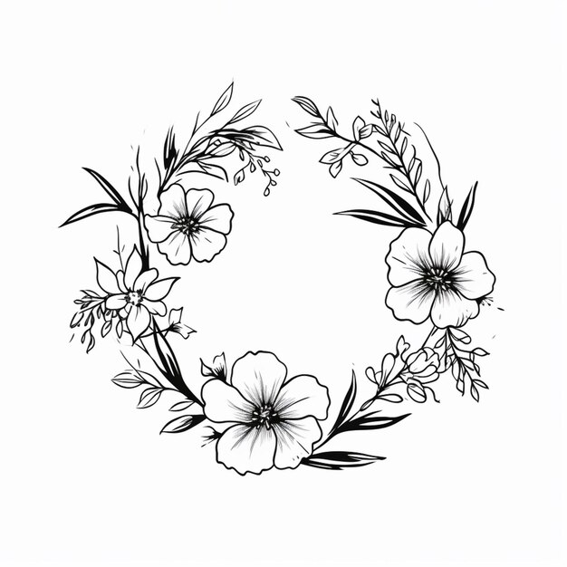 Photo un dessin en noir et blanc d'une couronne de fleurs générative ai