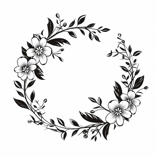 un dessin en noir et blanc d'une couronne de fleurs générative ai