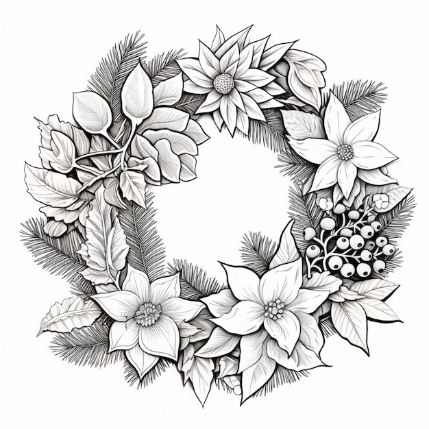 un dessin noir et blanc d'une couronne de fleurs générative ai