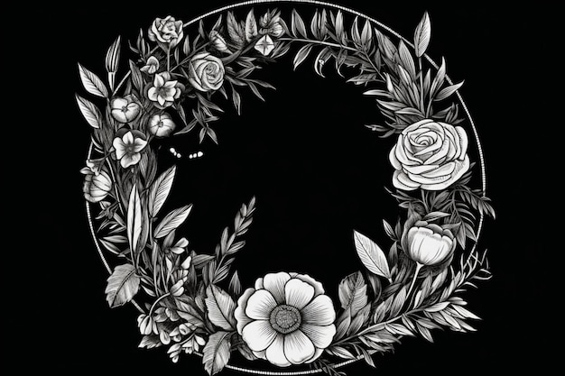 Un dessin en noir et blanc d'une couronne florale.