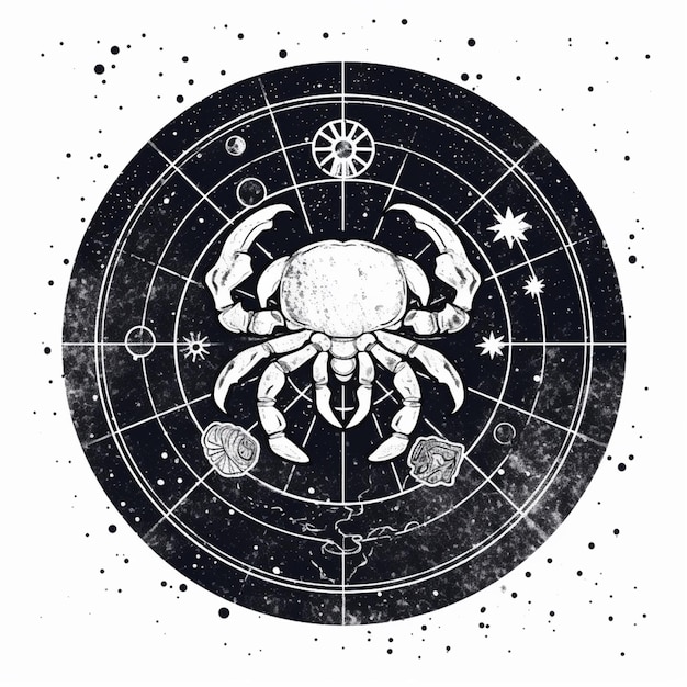 Un dessin noir et blanc d'un crabe avec une ai générative de roue de boussole