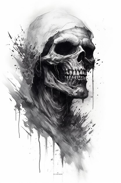 Un dessin en noir et blanc d'un crâne avec une cape sur un ai génératif