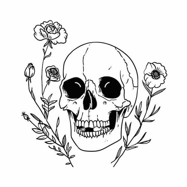 un dessin en noir et blanc d'un crâne avec des fleurs