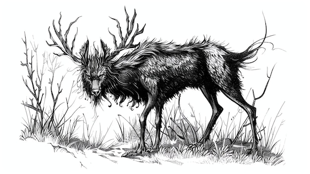 Photo un dessin en noir et blanc d'une créature mythique avec le corps d'un loup les cornes d'un cerf et le visage d'un homme