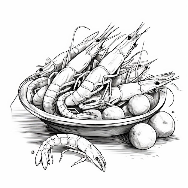 Dessin en noir et blanc de crevettes illustration à l'encre propre et nette