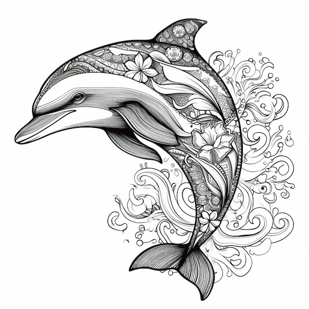 un dessin en noir et blanc d'un dauphin avec un dessin floral génératif ai