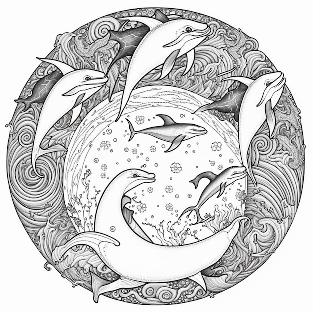 un dessin en noir et blanc de dauphins dans un cercle génératif ai