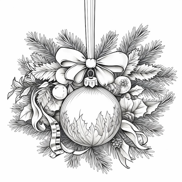 un dessin en noir et blanc d'une décoration de noël avec des branches de houx et un arc ai génératif