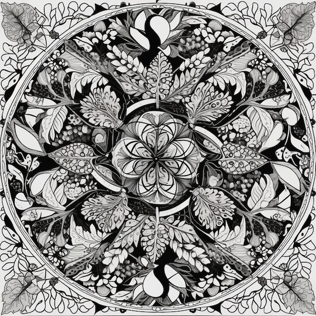 un dessin en noir et blanc d'un dessin circulaire avec des fleurs ai générative