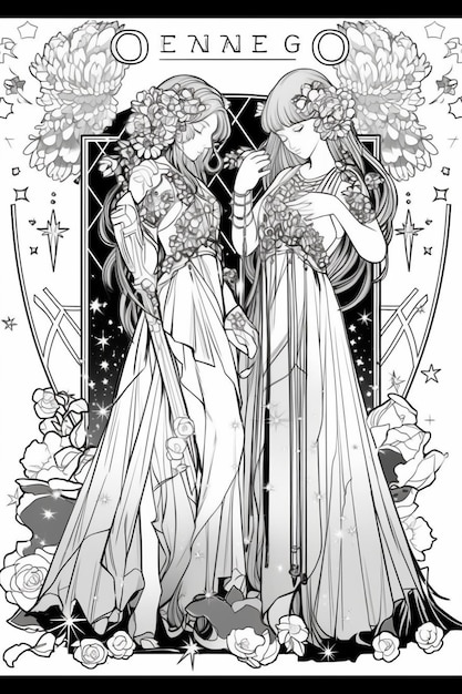 un dessin en noir et blanc de deux femmes en robes avec des fleurs