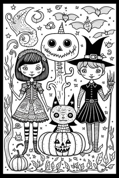 un dessin en noir et blanc de deux filles en costumes d'Halloween