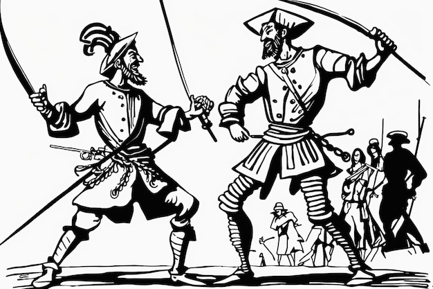 Un dessin en noir et blanc de deux hommes se battant avec des épées.