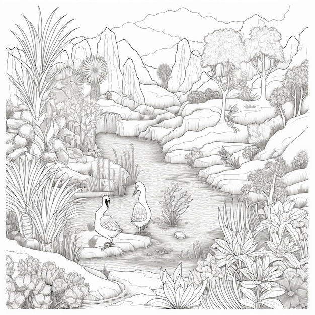 Un dessin en noir et blanc de deux oiseaux dans une rivière entourée de plantes et d'arbres.