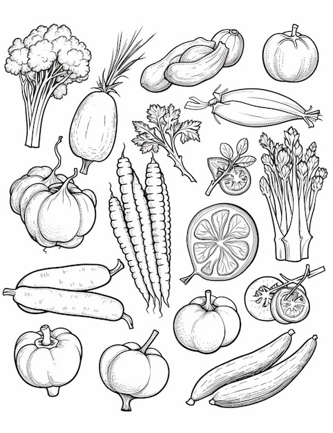 Photo un dessin en noir et blanc de divers légumes et fruits ai génératif