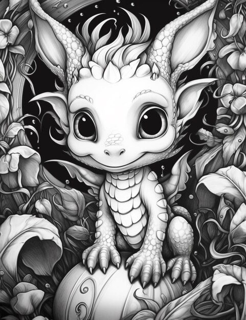 Photo un dessin noir et blanc d'un dragon avec une balle générative ai