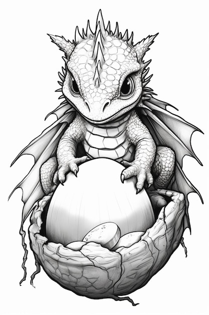 un dessin en noir et blanc d'un dragon éclosant d'un œuf génératif ai