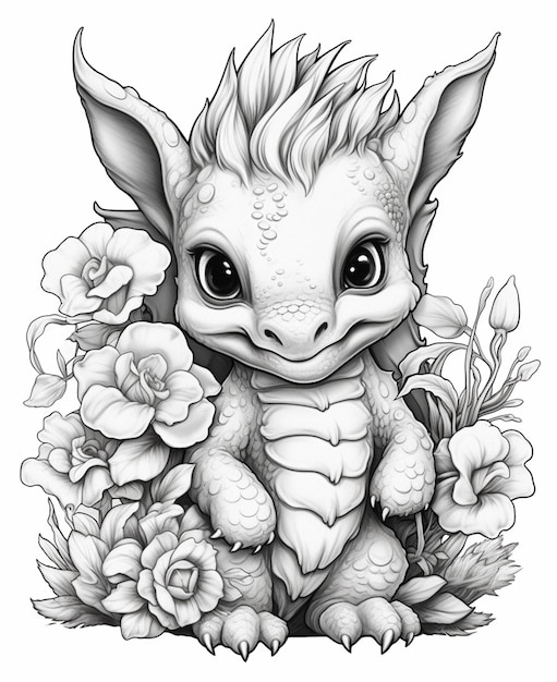 un dessin en noir et blanc d'un dragon entouré de fleurs ai générative