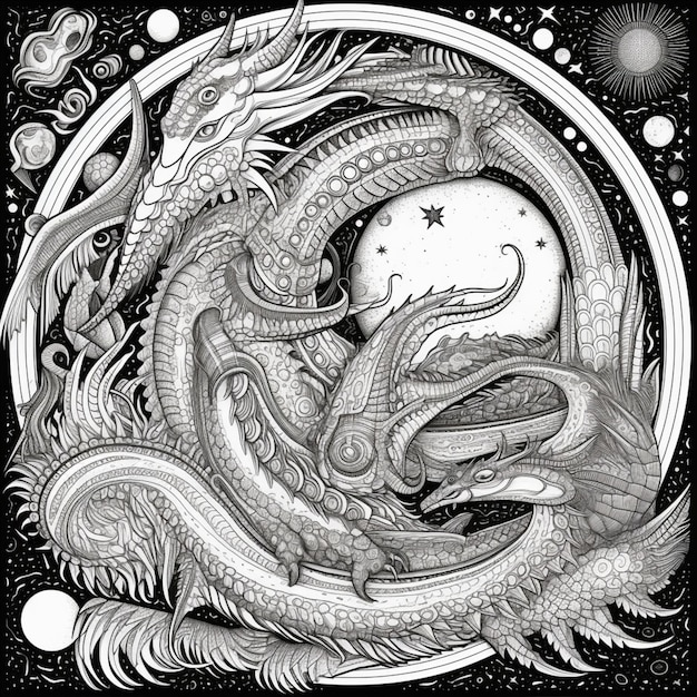 Un dessin en noir et blanc d'un dragon et d'une lune générative ai