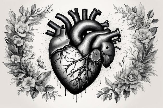 Un dessin en noir et blanc avec de l'encre de cœur humain