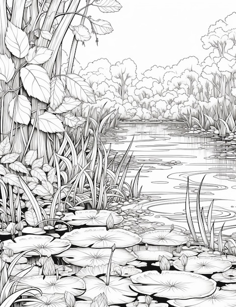 un dessin en noir et blanc d'un étang avec des nénuphars IA générative