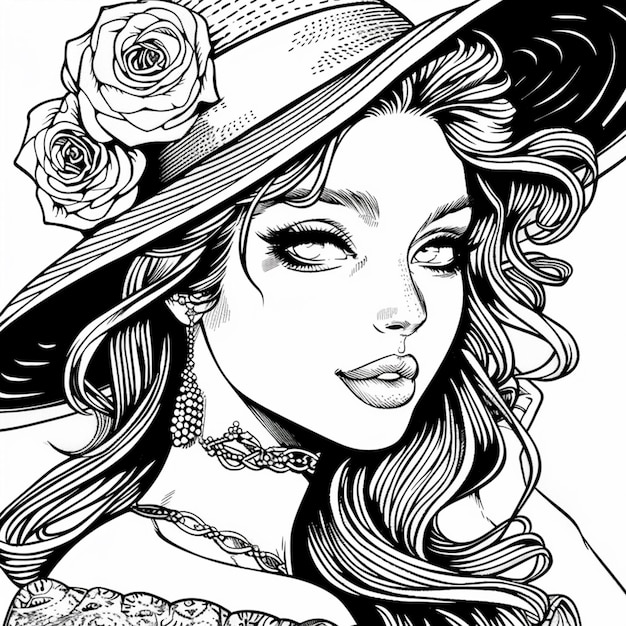 un dessin en noir et blanc d'une femme avec un chapeau et des roses