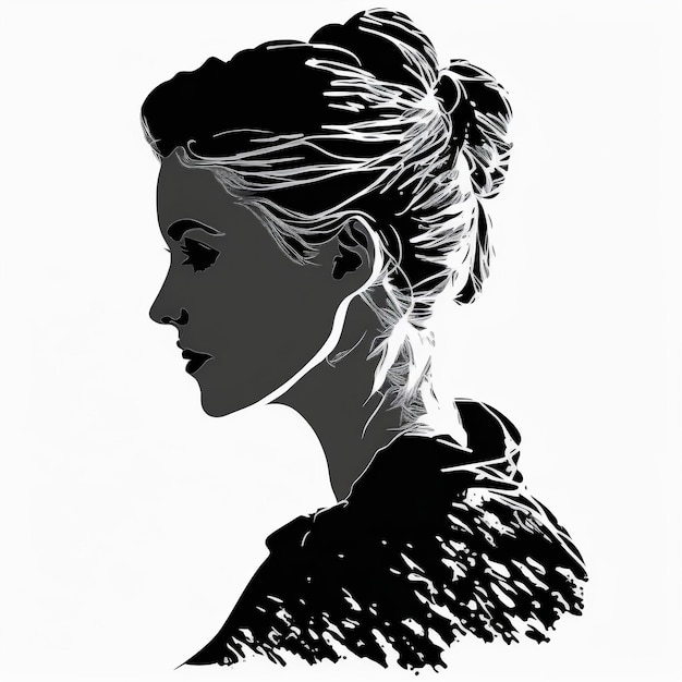 Un dessin en noir et blanc d'une femme avec un chignon dans les cheveux.